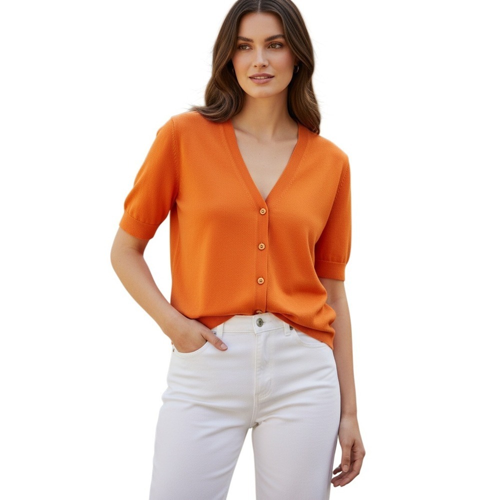 Banana Republic Crisp Orange Cotton Short Sleeve Cardigan Professional Chic M